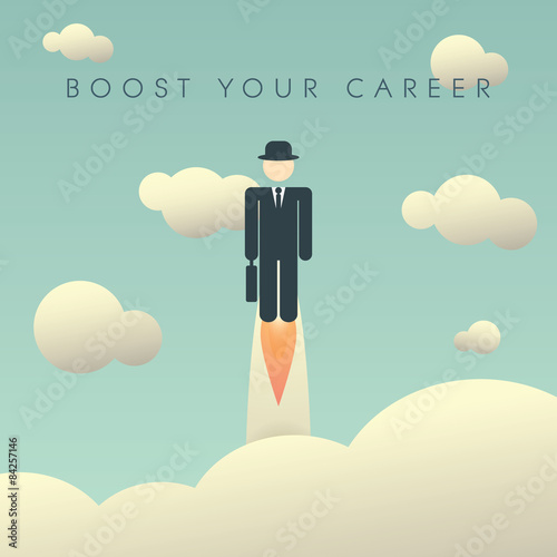 Career development poster template with businessman flying high
