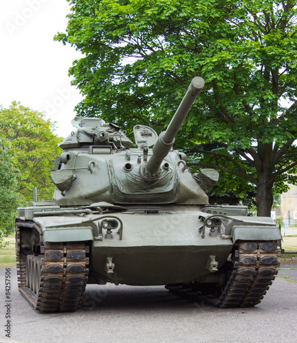 truck and wheels of the American tank. Front view of tank