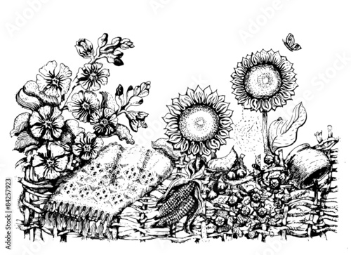  Ukrainian fence with sunflowers, hollyhock. Folk art.