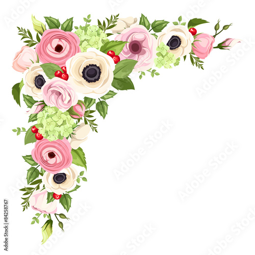 Pink and white flowers. Vector corner background.