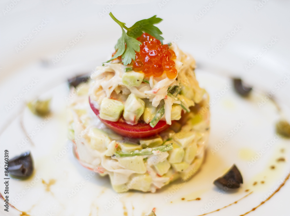 salad with crab and avocado, close up