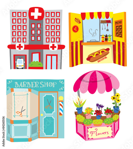 hospital - hotdog booth - barber shop - flower shop