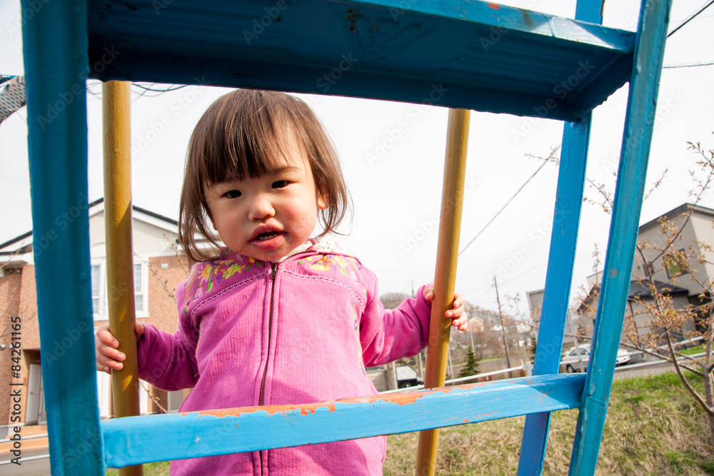 Obraz premium すべり台の階段を登る子供