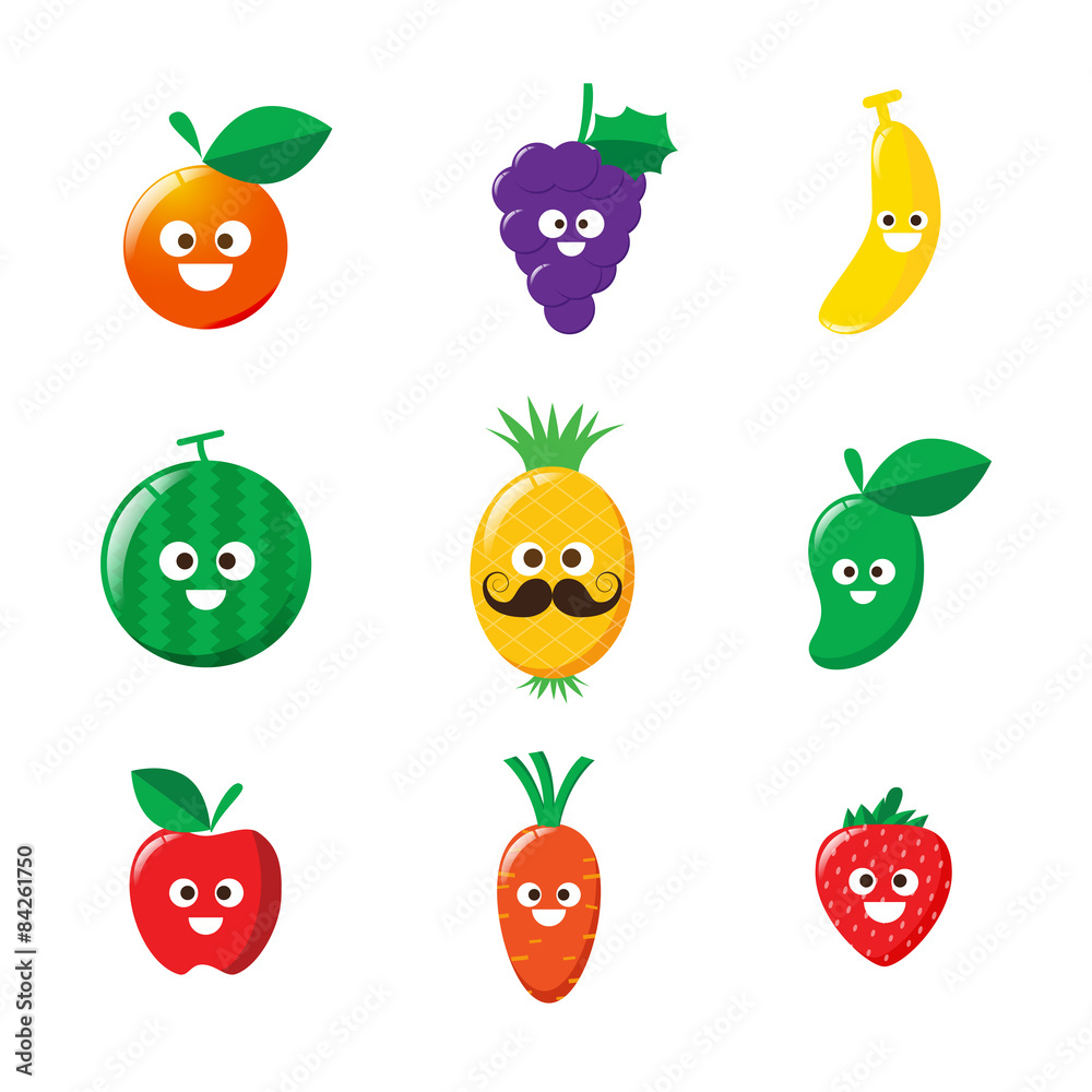Collection of happy fruit cartoon icon vector illustration Collection of happy fruit cartoon icon vector illustration