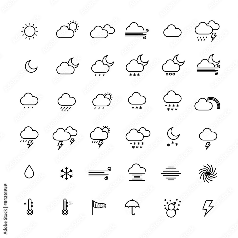 Collection of weather line icons on white background. Vector ill - obrazy, fototapety, plakaty 
