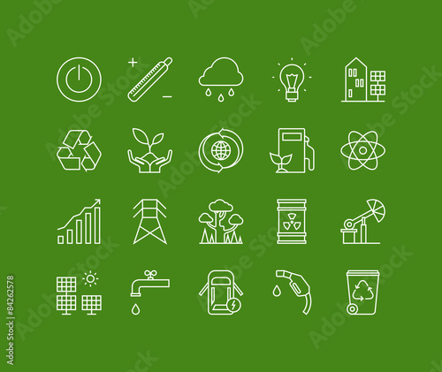 Ecology and energy elements line icons set