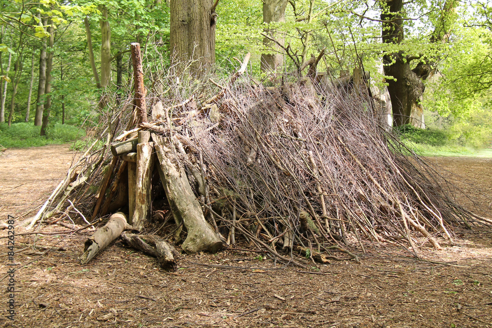 A Woodland Shelter Made from Twigs and Logs. A Woodland Shelter Made from Twigs and Logs.