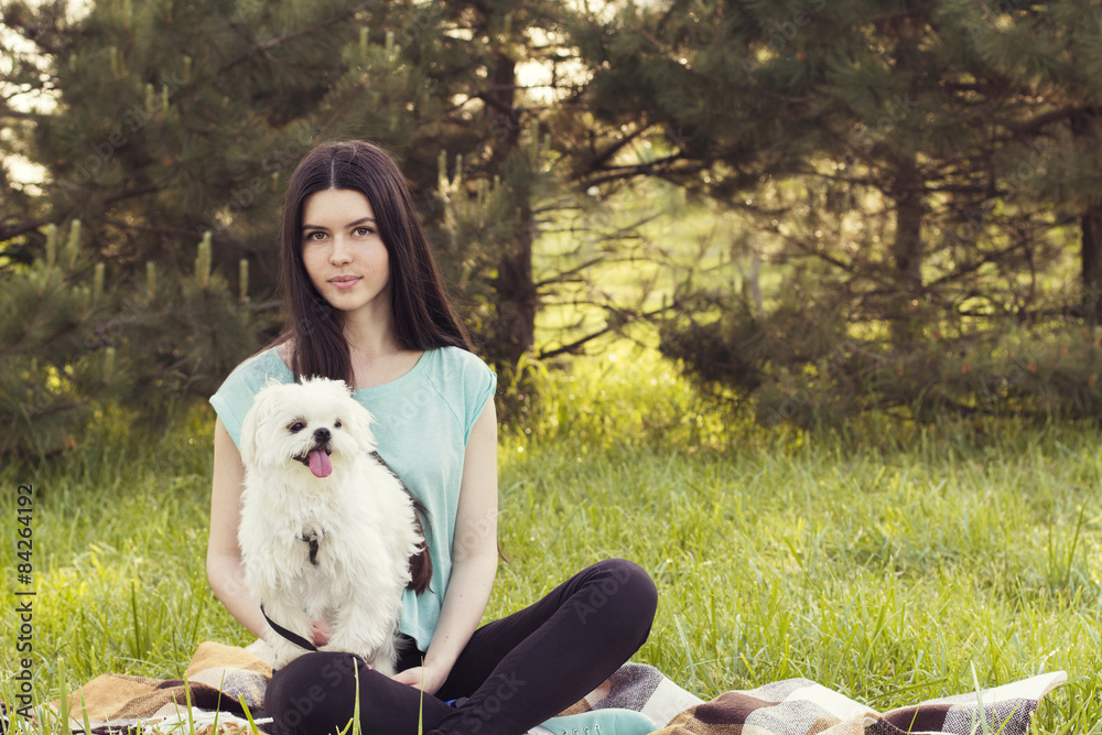 woman beautiful young happy with long dark hair holding small do woman beautiful young happy with long dark hair holding small do