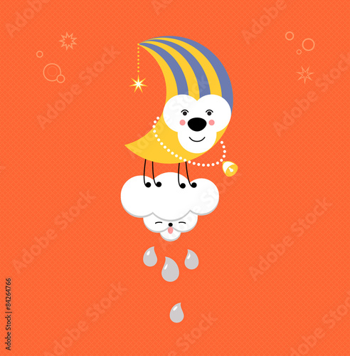 Moon and Cloud in the sky. Cute kawaii animalistic cartoon chara