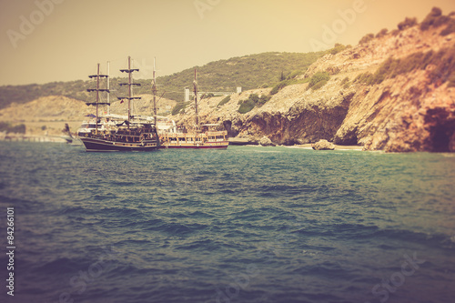 Walk on a beautiful yacht in Mediterranean sea.