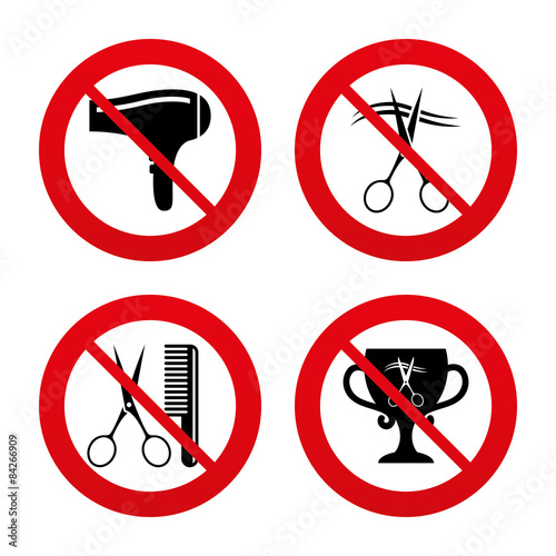 Hairdresser icons. Scissors cut hair symbol.