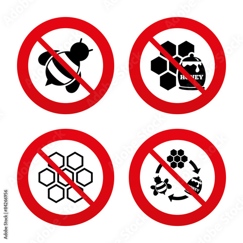 Honey icon. Honeycomb cells with bees symbol.