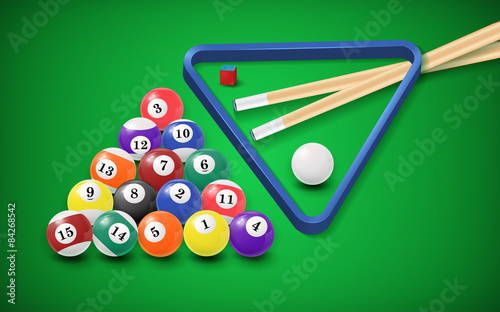 Billiard balls in a pool table.