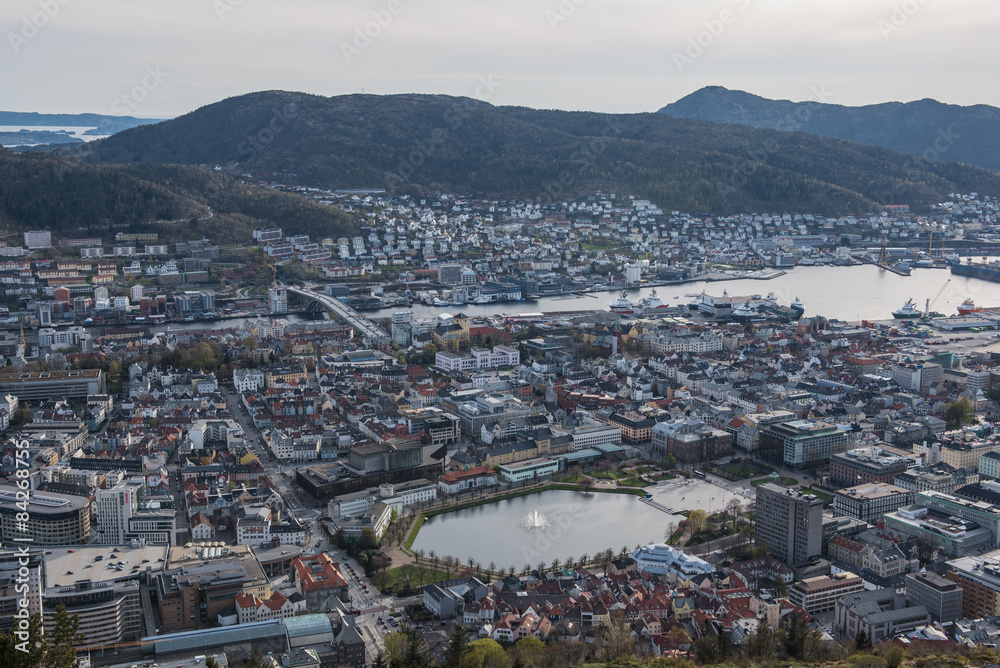 Bergen city, Norway cityscape in evening.