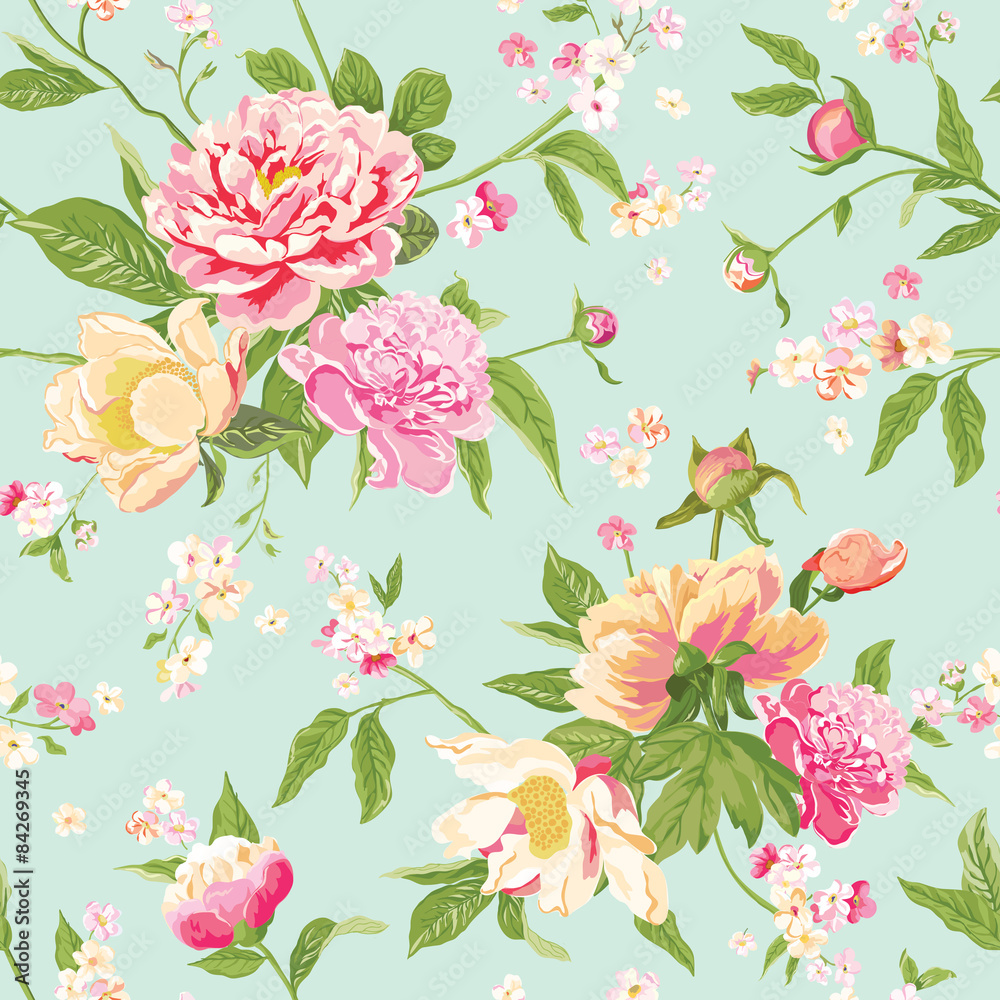 Vintage Peony Flowers Background - Seamless Floral Shabby Chic Pattern