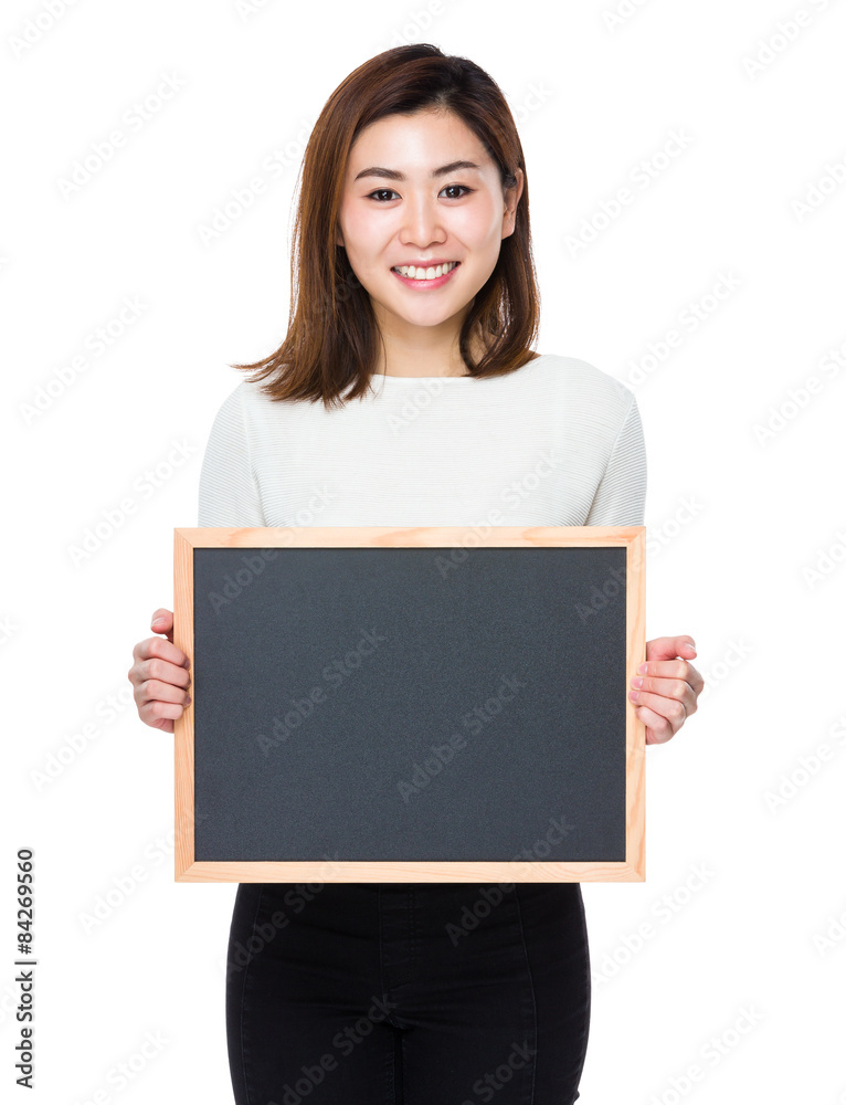 Young woman show with the blank of blackboard Young woman show with the blank of blackboard