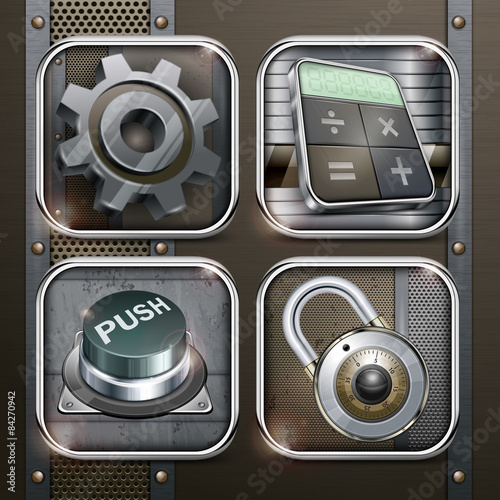 Industry info graphic, square icons on metallic, vector