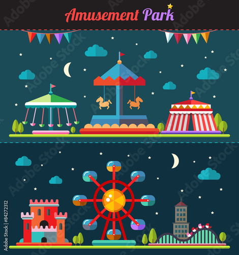 Set of flat design composition with amusement park elements