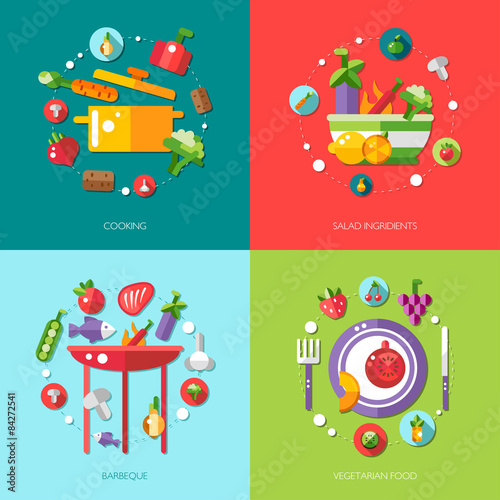 Illustration of flat design food, fruits and vegetables icons co