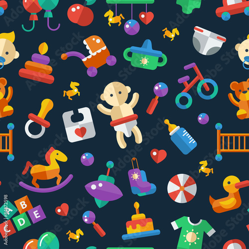 Illustration of flat design cute baby pattern with icons