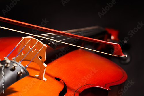 Violoncello with bow stick on black background