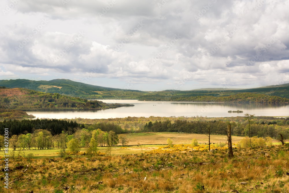 Obraz premium View over Loch Lomond, Scotland, from West Highland Way under dr