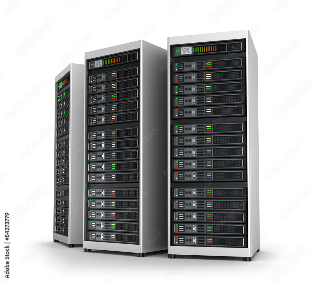 Row of network servers in data center isolated on white Row of network servers in data center isolated on white