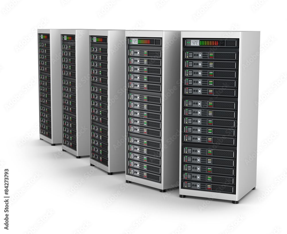Row of network servers in data center isolated on white Row of network servers in data center isolated on white