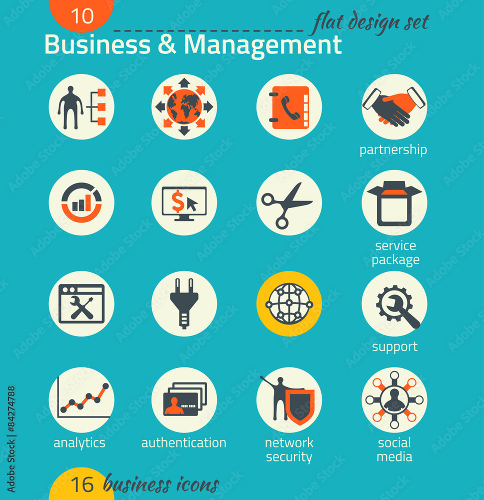 Business icon set. Software and web development, marketing, glob