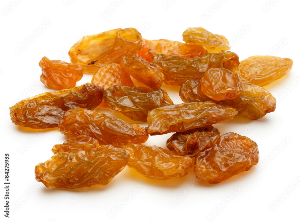 Yellow sultanas raisins isolated on white background cutout