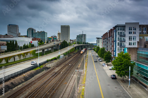 View of Dock Street and railroad tracks in downtown Tacoma, Wash