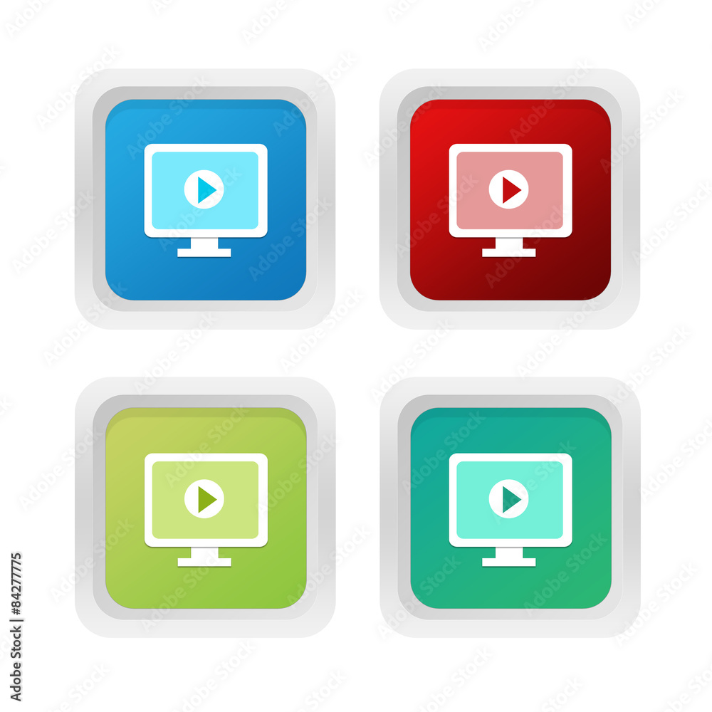 Set of squared colorful buttons with screen symbol Set of squared colorful buttons with screen symbol