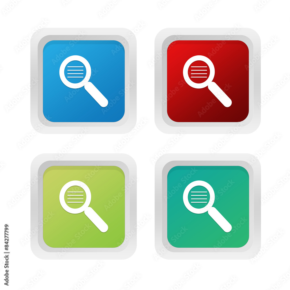 Set of squared colorful buttons with search symbol Set of squared colorful buttons with search symbol