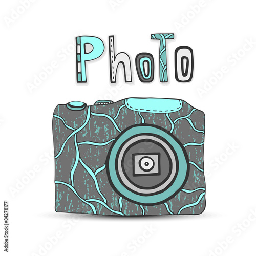 Vector hand drawn illustration with isolated icons of photo camera in retro style. Photo studio logo