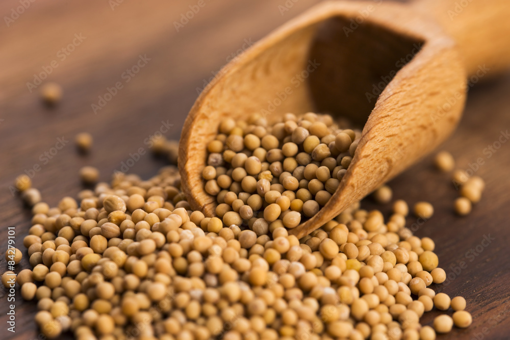Spicy mustard seeds in a wooden background Spicy mustard seeds in a wooden background
