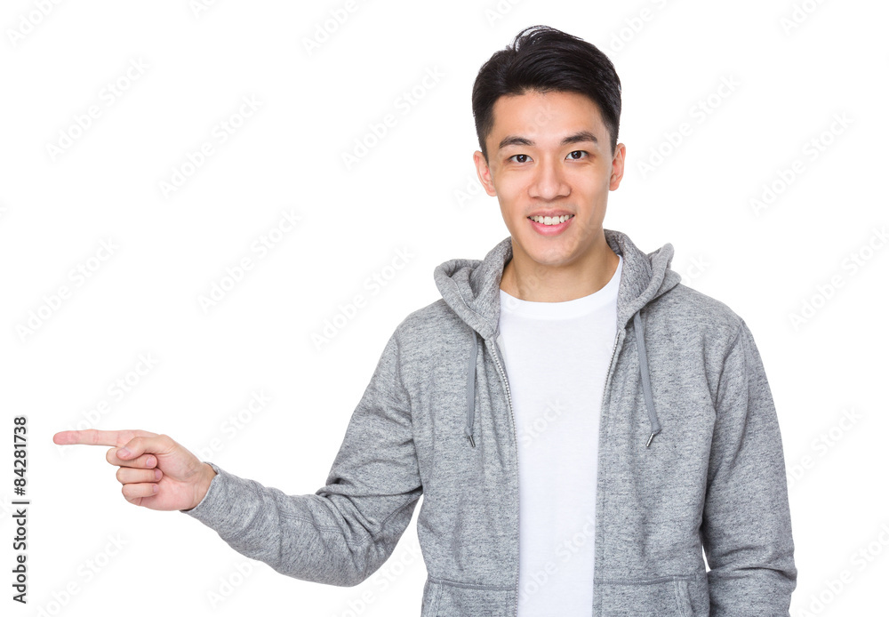 Man with finger point aside Man with finger point aside