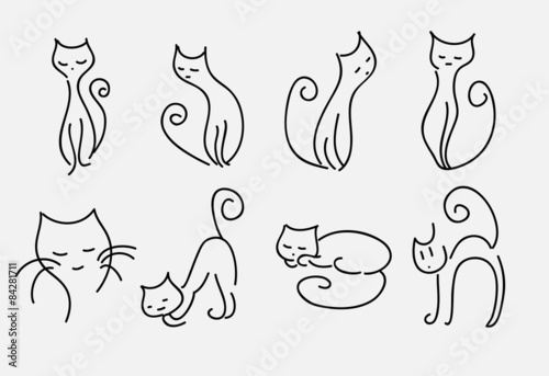 Fototapeta Naklejka Na Ścianę i Meble -  set of cartoon cats vector curved lines