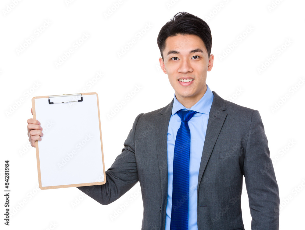 Businessman show with blank page of clipboard Businessman show with blank page of clipboard