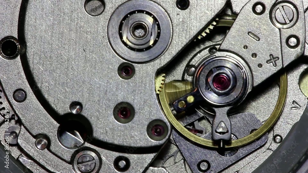 Moving metal gears inside working watch mechanism