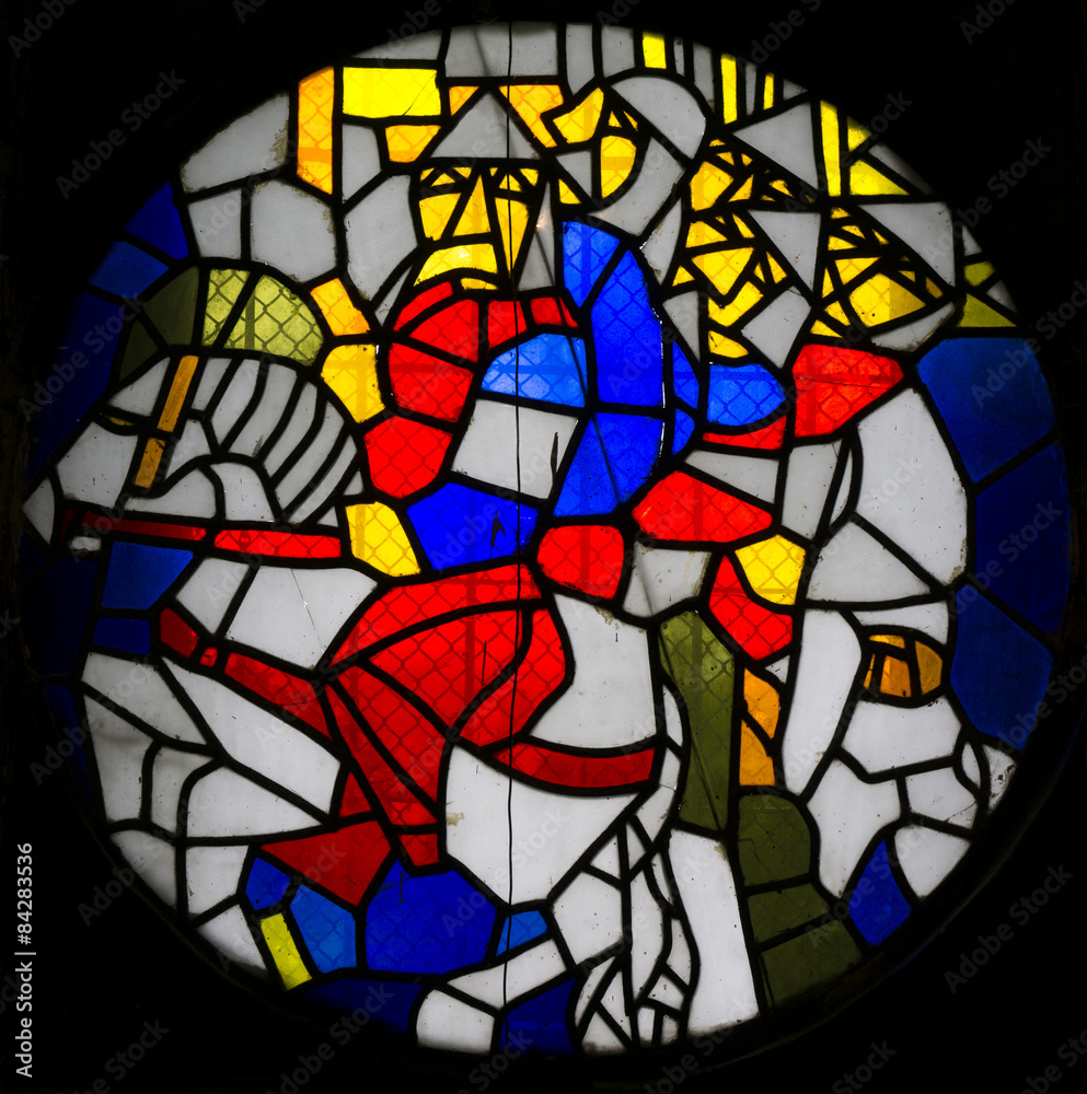 Stained glass window with image of knights
