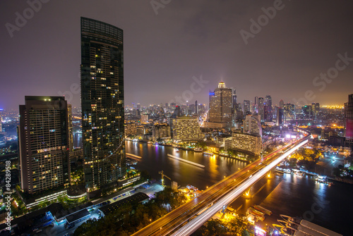 Landscape of River in Bangkok city at night, bird view