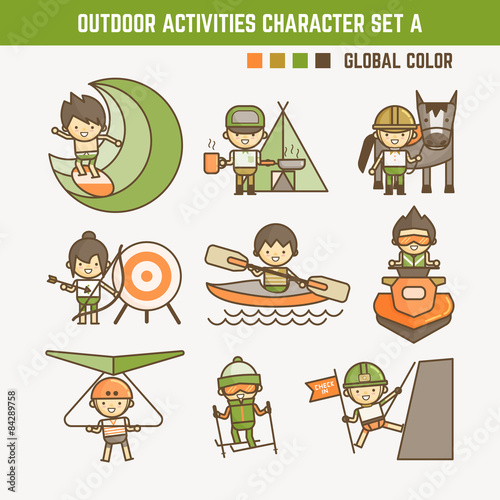 outdoor activities outline kawaii characters and icons for infographic elements