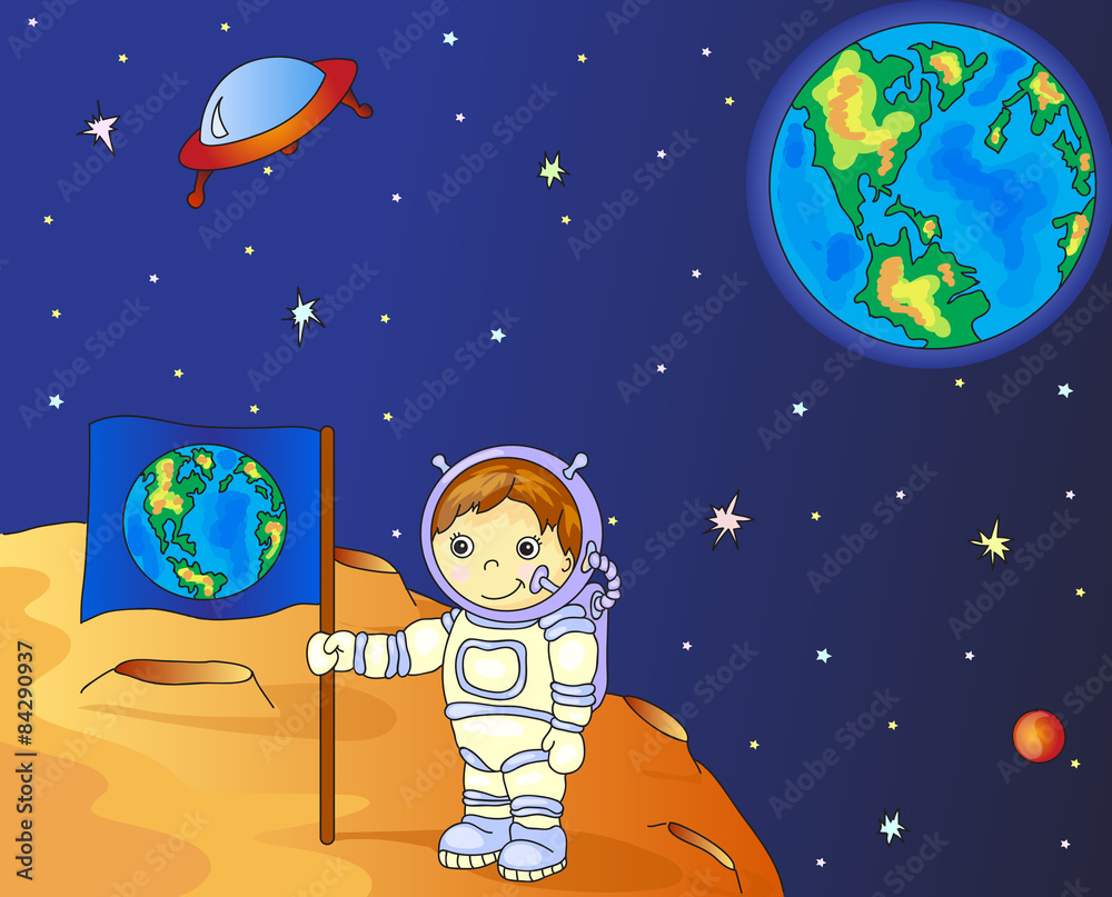 Naklejka premium Astronaut with Earth flag on the moon surface in space