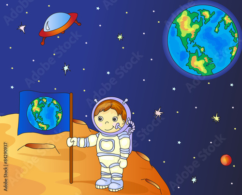 Astronaut with Earth flag on the moon surface in space