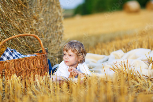 Little boy of 3 years having picnic on yellow hay field in summe photo