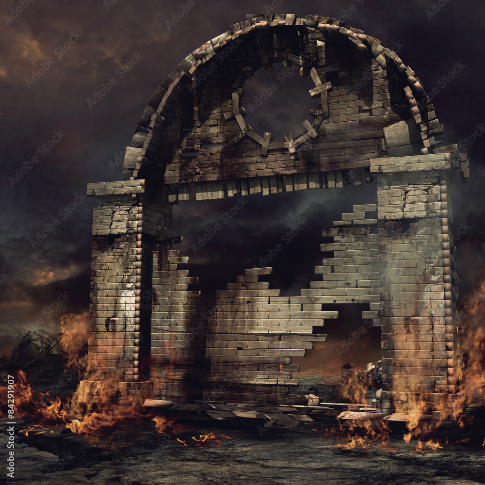 Ruiny bramy miejskiej w ogniu - obrazy, fototapety, plakaty 