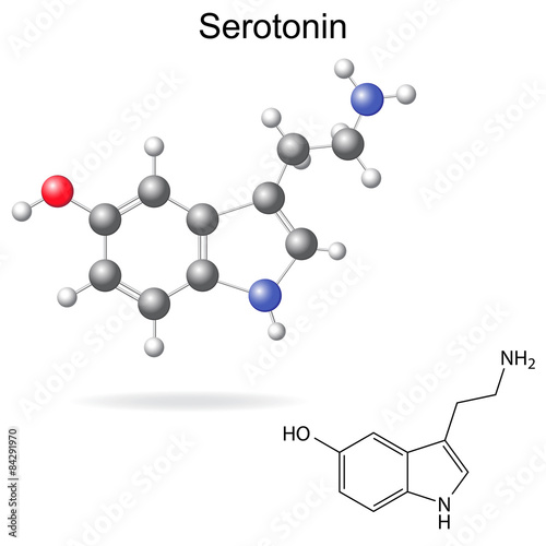 Model and chemical formula of serotonin