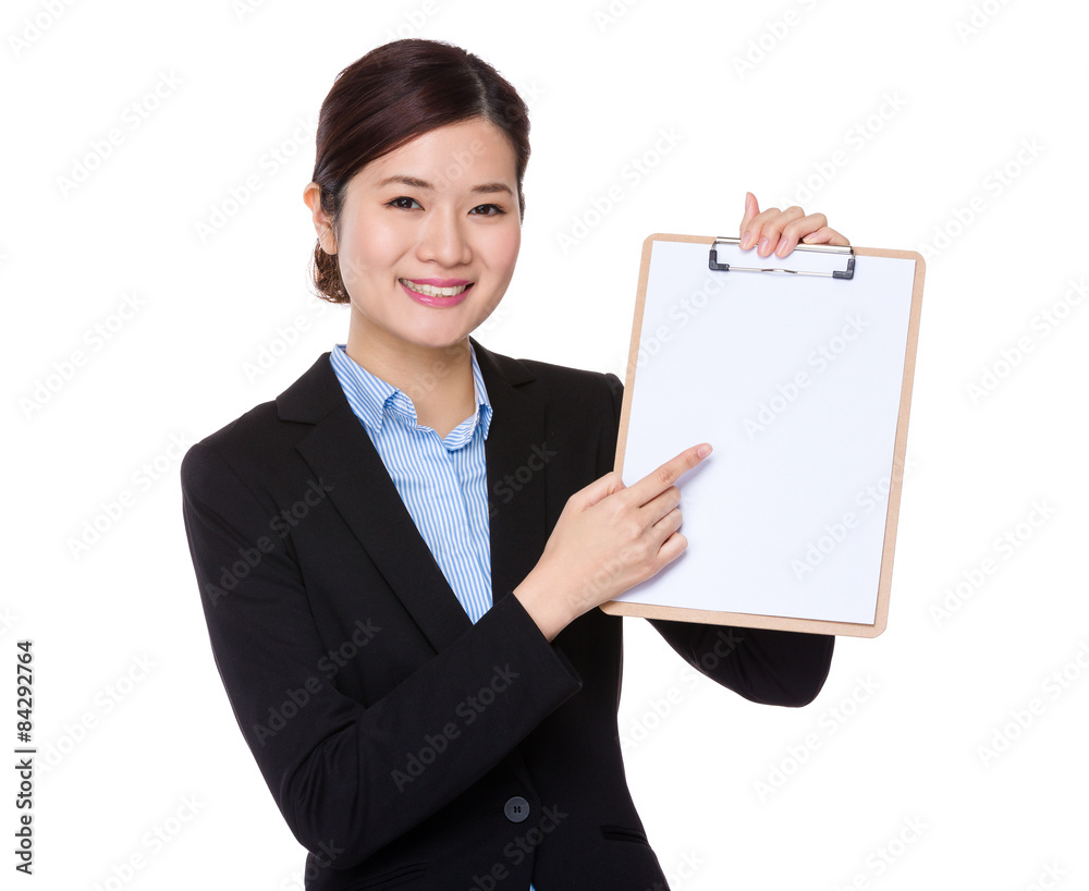 Young businesswoman finger point to clipboard Young businesswoman finger point to clipboard