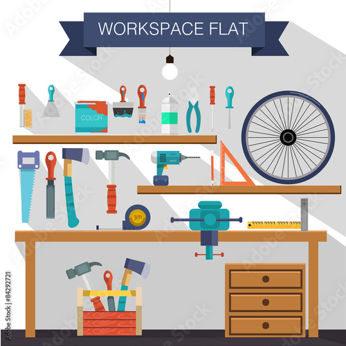 Workspace carpenter tools trendy flat icon, on wood background vector stock