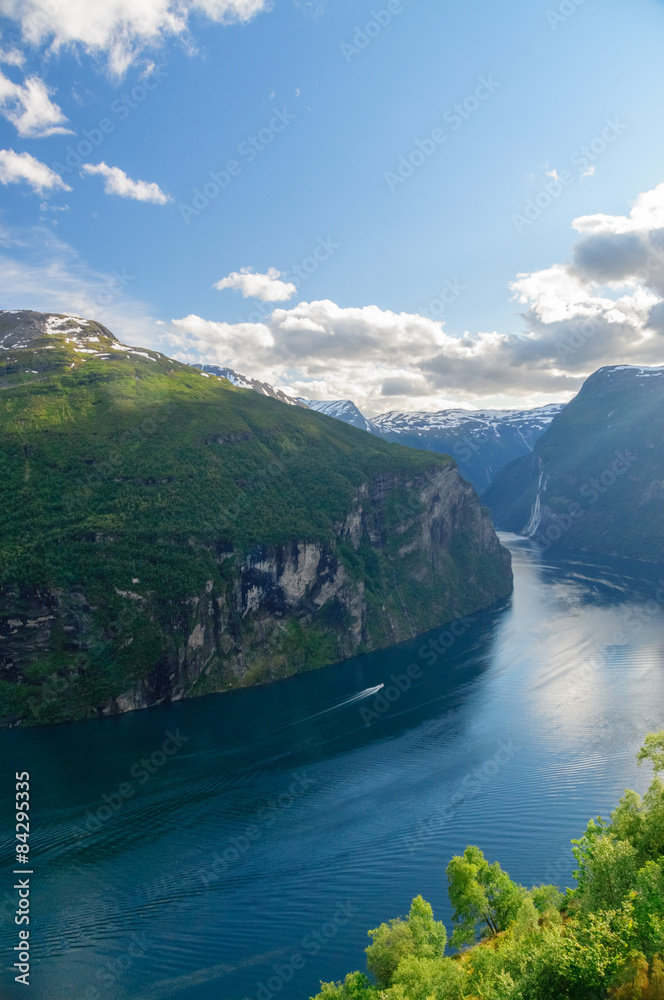 Vertical view on summer Geirangerfjord, Norway